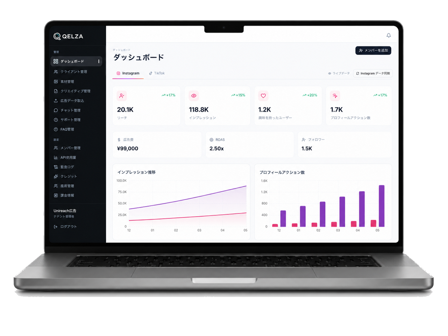 QELZAのダッシュボードを表示したノートパソコン